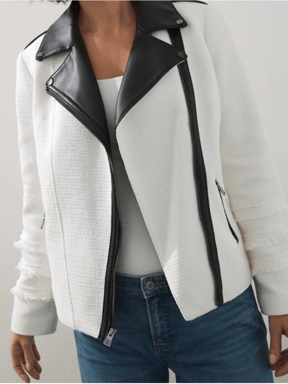 new chico's tweed and vegan leather moto jacket size small nwt - Picture 2 of 10